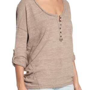 We The Free Pink Tan Polo Blouse Relaxed 3/4 Sleeve